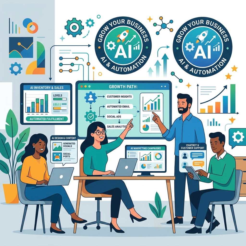 Conceptual illustration of an AI agent acting as a digital employee managing tasks like invoices and customer inquiries