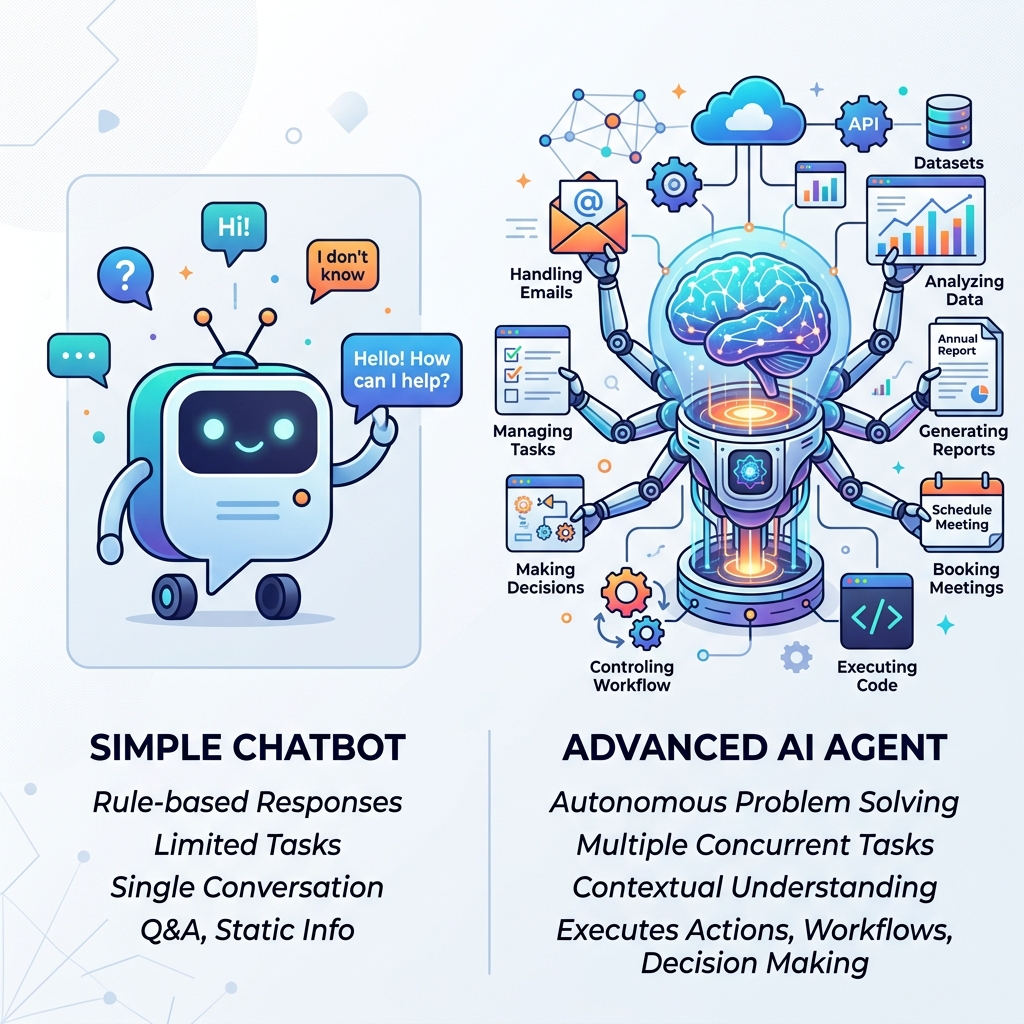 Schematic diagram comparing a linear chatbot flow path to a dynamic AI agent loop utilizing database tools and LLM planning