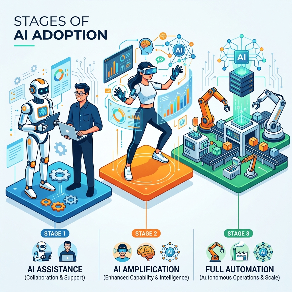 Illustration of the three steps: Assist (copilot icon), Augment (collaborator icon), and Replace (autonomous icon)