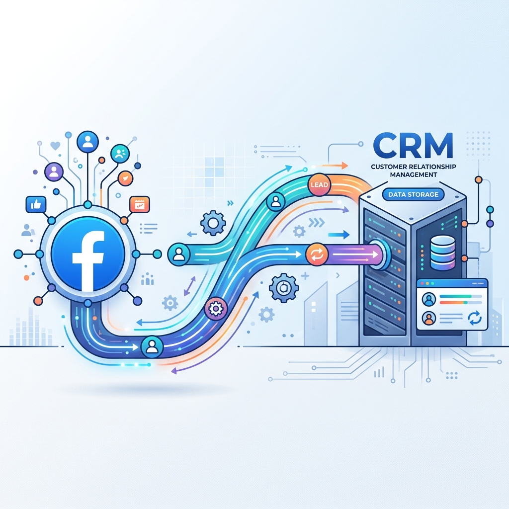 Flowchart displaying Facebook Lead Ads webhook node connecting to n8n trigger and updating CRM contact cards