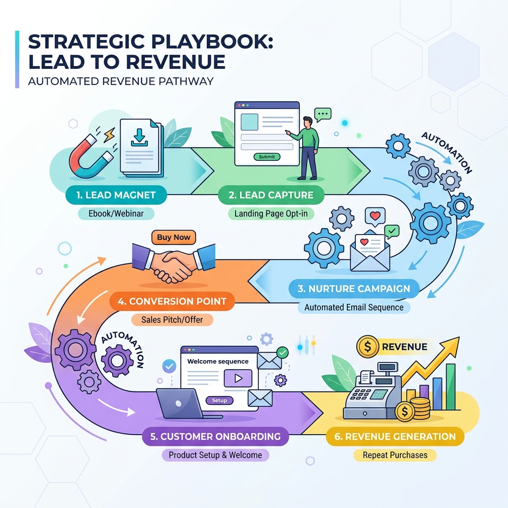 A visual map of the lead-to-revenue automation pipeline showing steps from lead capture to CRM sync and WhatsApp nurturing