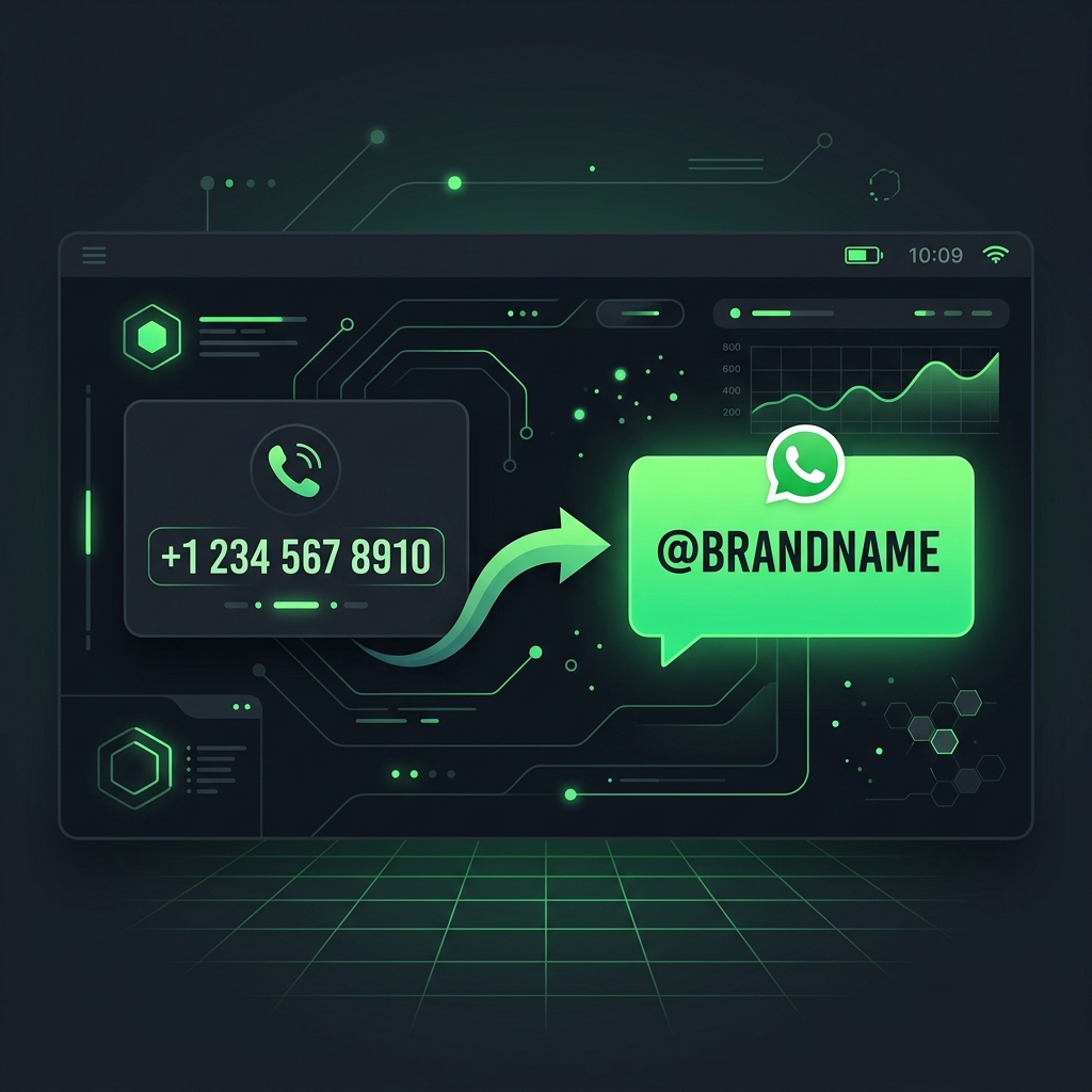 A UI dashboard showcasing the transition from a traditional phone number (+1 234 567 8910) to a clean business handle username (@BRANDNAME) with neon green WhatsApp accents.